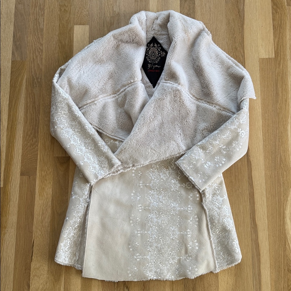 JOHNNY WAS BIYA EMBROIDERED JACKET JACQUARD COAT FAUX FUR Size Small